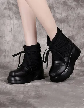 Autumn Winter Retro Leather Lace-up Platform Boots