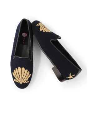By Paige Nautical Needlepoint Loafer Collection Metallic Gold Scallop Shell on Navy