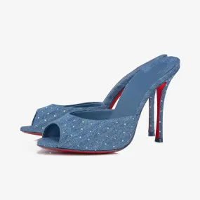 Elegant Blue Denim Strass Heeled Mules
