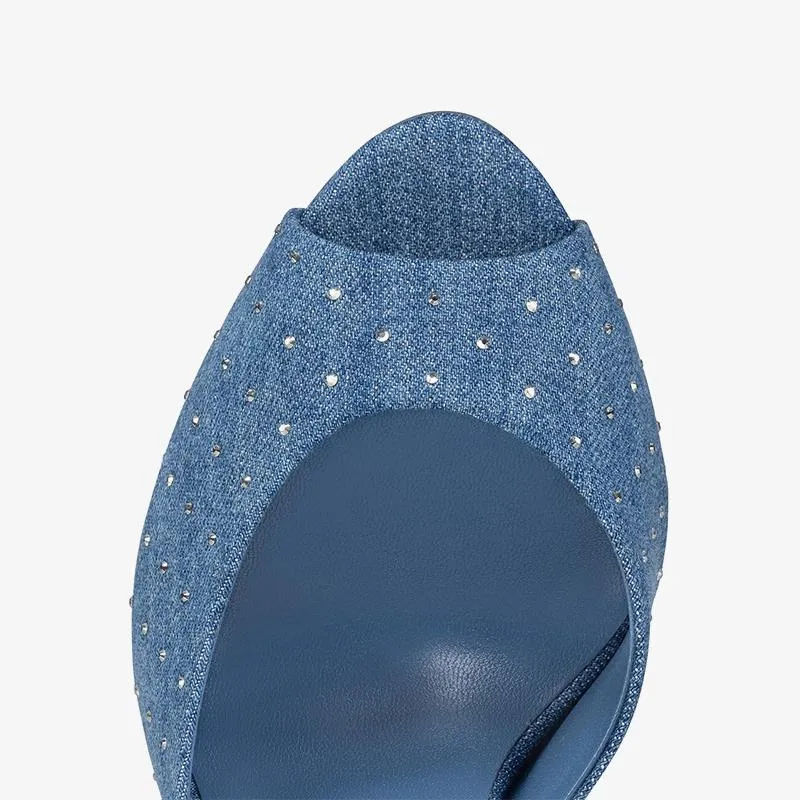 Elegant Blue Denim Strass Heeled Mules