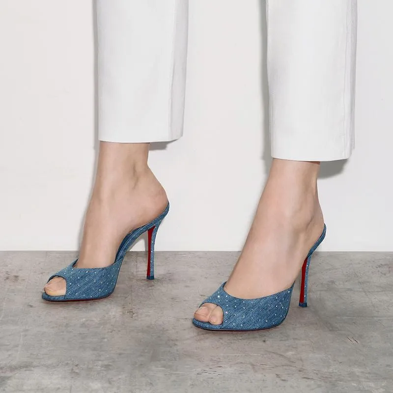 Elegant Blue Denim Strass Heeled Mules