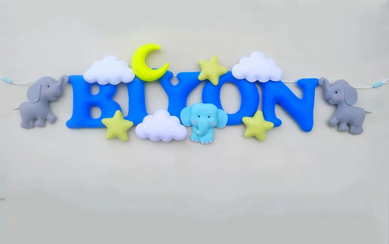 Felt name banner, blue garland, elephant banner, nursery decor, personalized gift, felt letters, baby name banner, name garland, name sign