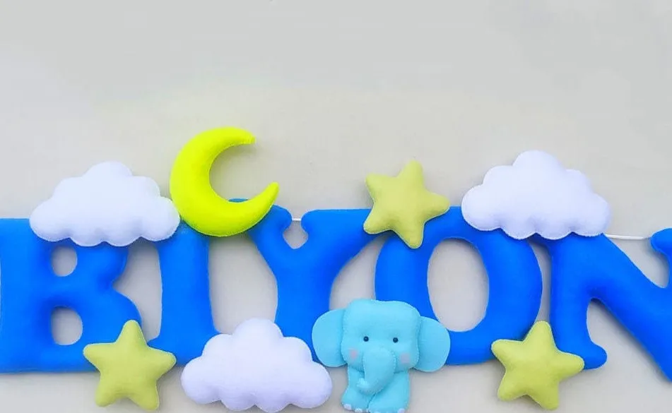 Felt name banner, blue garland, elephant banner, nursery decor, personalized gift, felt letters, baby name banner, name garland, name sign