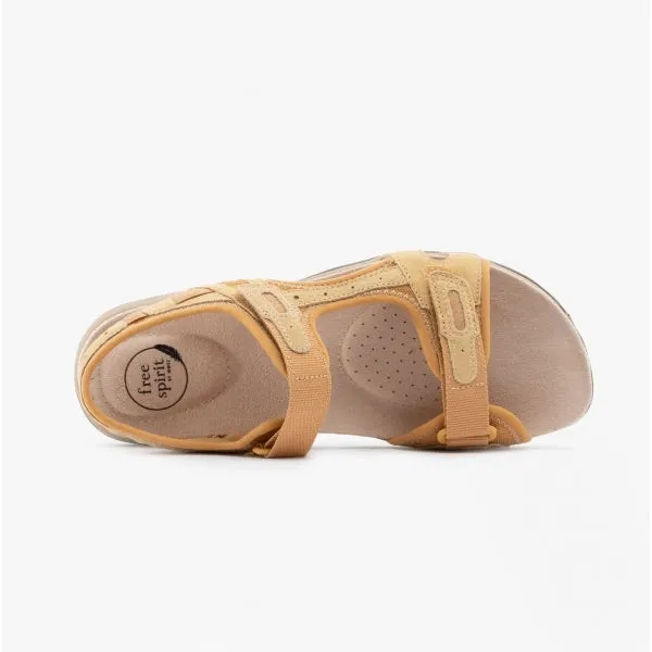 FRISCO Ladies Leather Touch Fasten Sandals Dijon