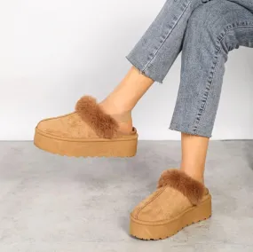 House Of Sehrish 24890 Womens CHESTNUT Faux Fur Lined Mules Comfy Platform Slippers