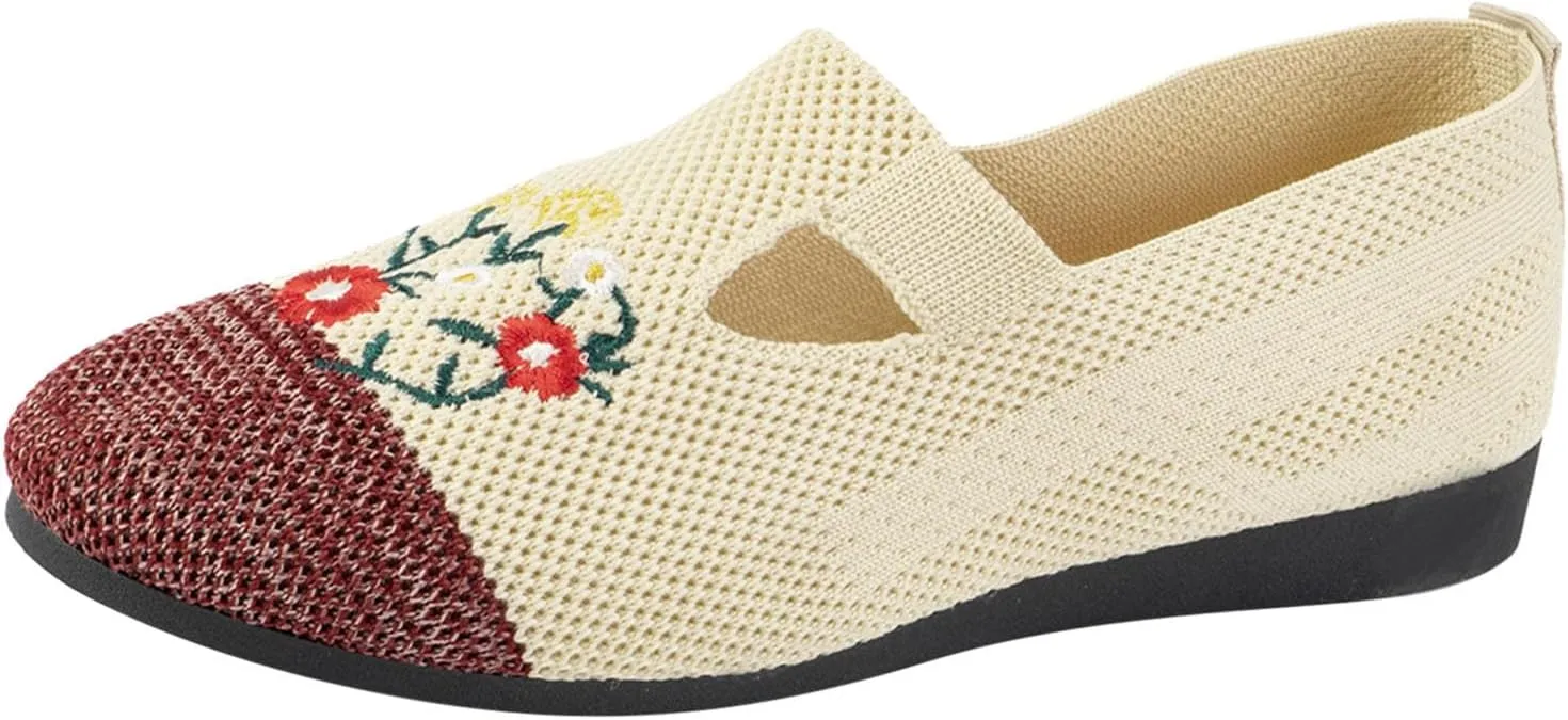 Ladies Fashion Breathable Mesh Knitted Flower Embroidery Flat Bottom Casual Womens Fashion Casual Shoes Wedge Sneaker