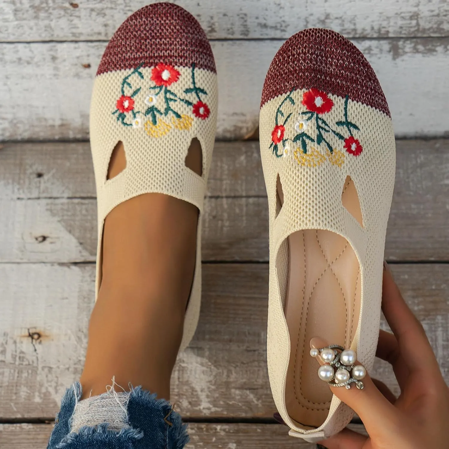 Ladies Fashion Breathable Mesh Knitted Flower Embroidery Flat Bottom Casual Womens Fashion Casual Shoes Wedge Sneaker