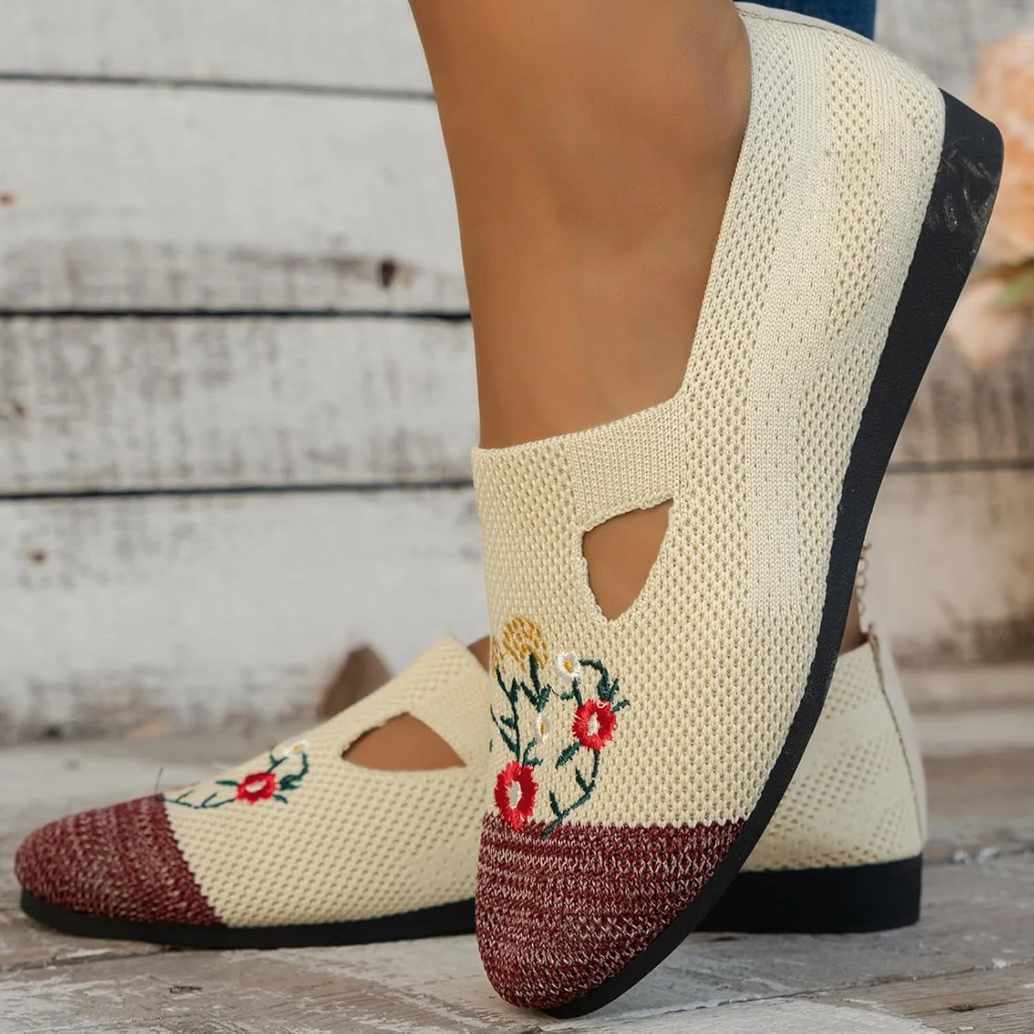 Ladies Fashion Breathable Mesh Knitted Flower Embroidery Flat Bottom Casual Womens Fashion Casual Shoes Wedge Sneaker