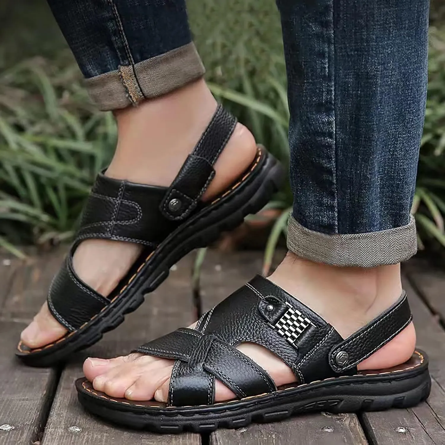 Men's Soft Sole Leather Sandals Breathable Outdoor Fisherman Shoes Open Toe Comfortable Casual Outdoor Sandals