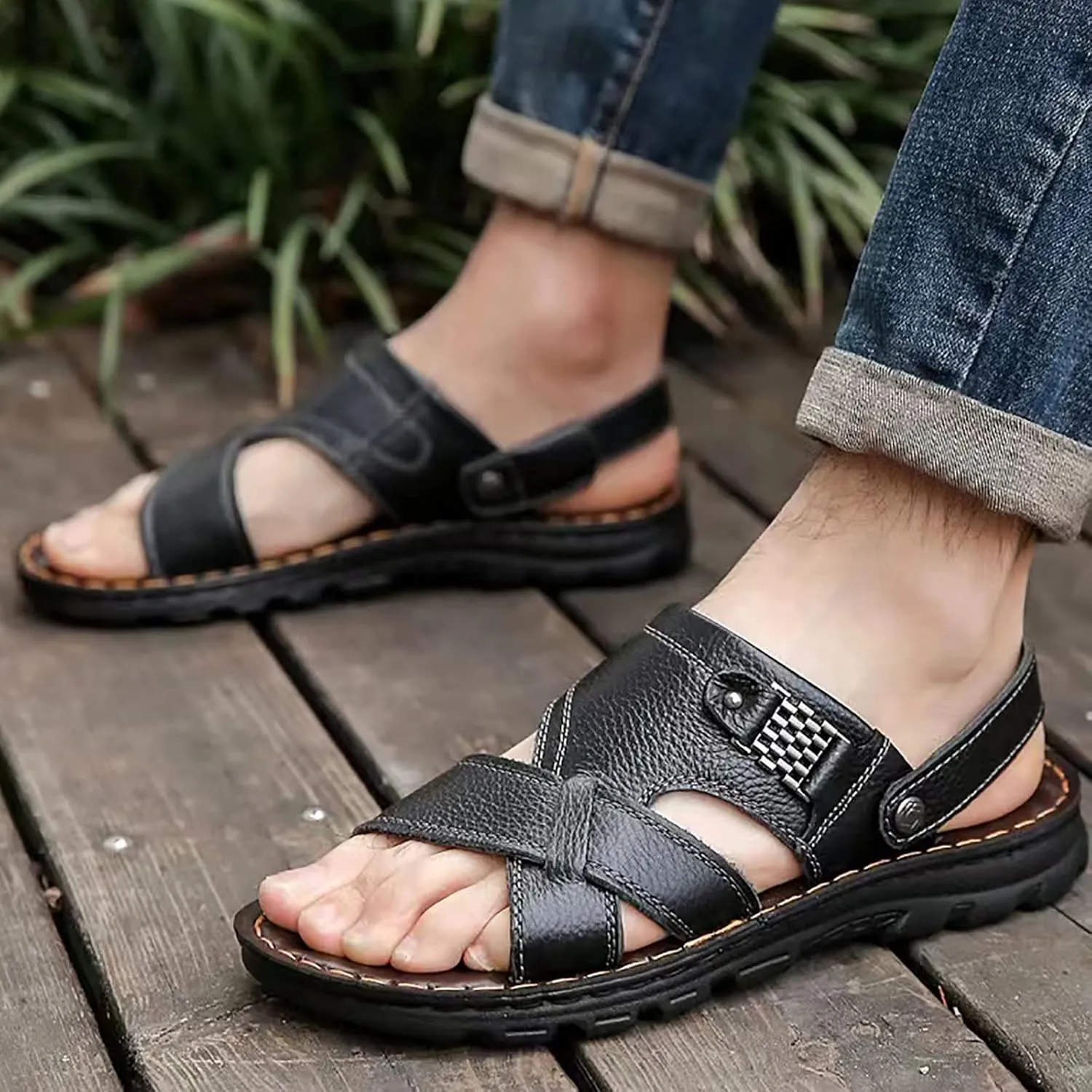 Men's Soft Sole Leather Sandals Breathable Outdoor Fisherman Shoes Open Toe Comfortable Casual Outdoor Sandals