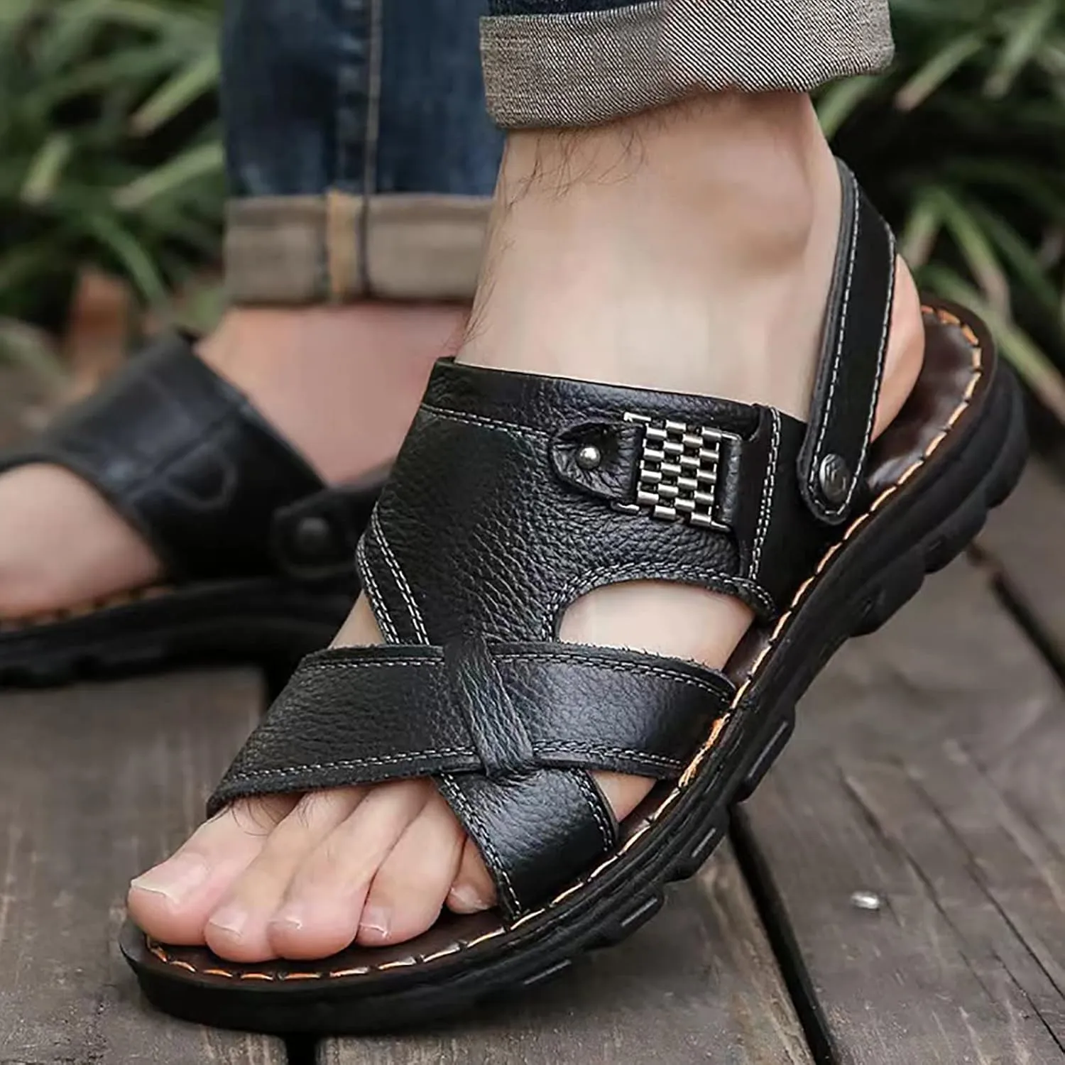 Men's Soft Sole Leather Sandals Breathable Outdoor Fisherman Shoes Open Toe Comfortable Casual Outdoor Sandals