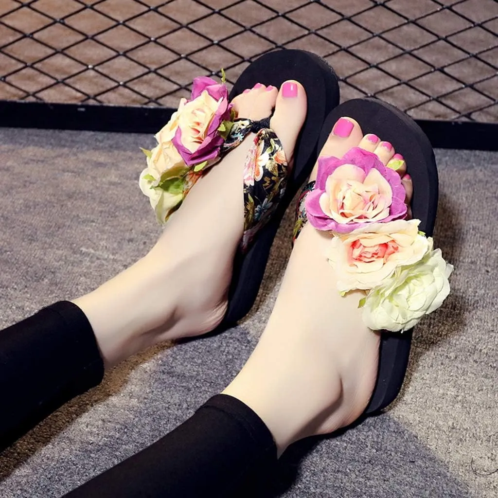 MIOKE Women's Bohemia Flowers Flat Platform Flipflops Summer Fashion Comfort Nonslip Beach Thong Sandals
