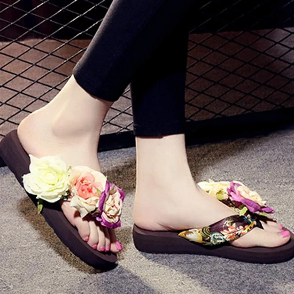 MIOKE Women's Bohemia Flowers Flat Platform Flipflops Summer Fashion Comfort Nonslip Beach Thong Sandals