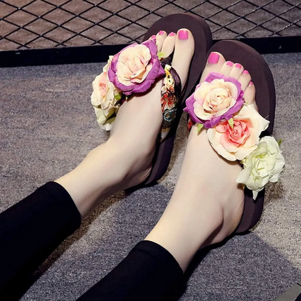MIOKE Women's Bohemia Flowers Flat Platform Flipflops Summer Fashion Comfort Nonslip Beach Thong Sandals