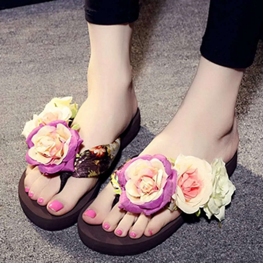 MIOKE Women's Bohemia Flowers Flat Platform Flipflops Summer Fashion Comfort Nonslip Beach Thong Sandals