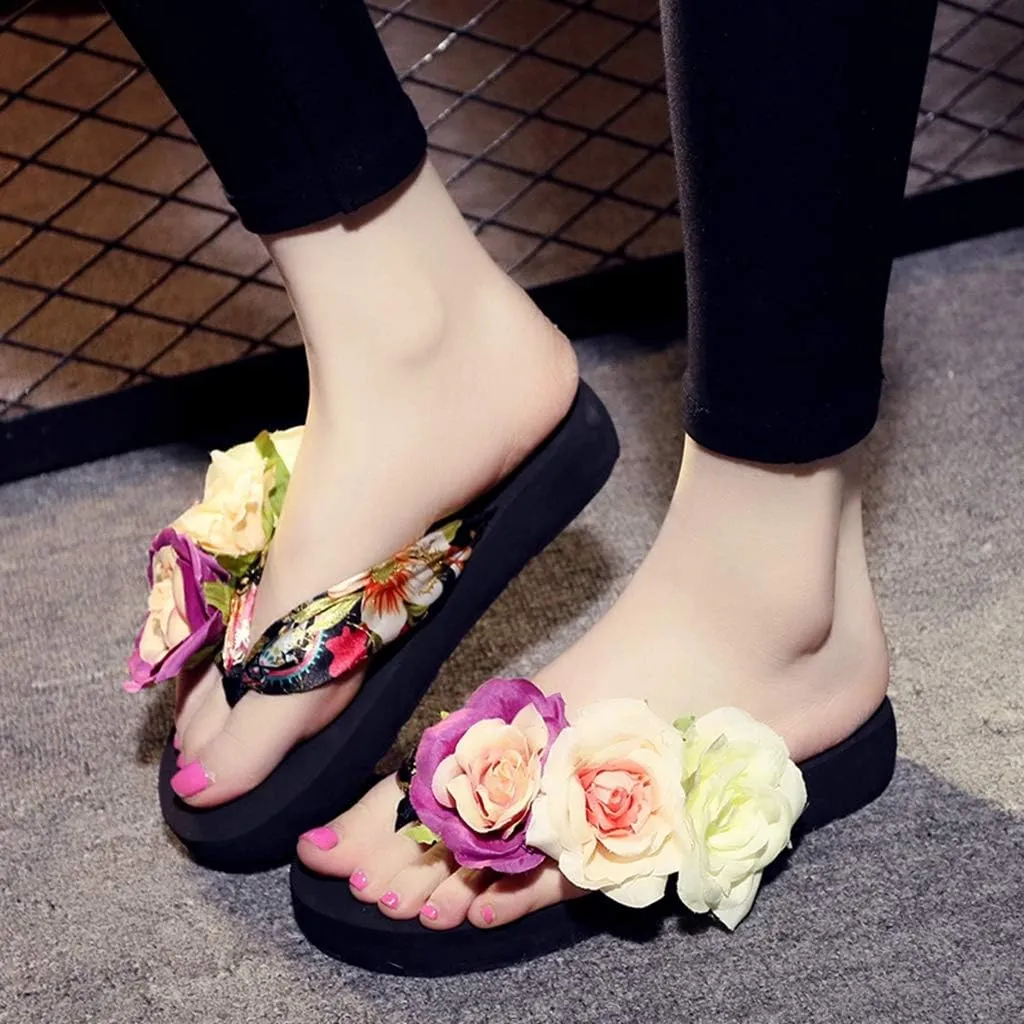 MIOKE Women's Bohemia Flowers Flat Platform Flipflops Summer Fashion Comfort Nonslip Beach Thong Sandals
