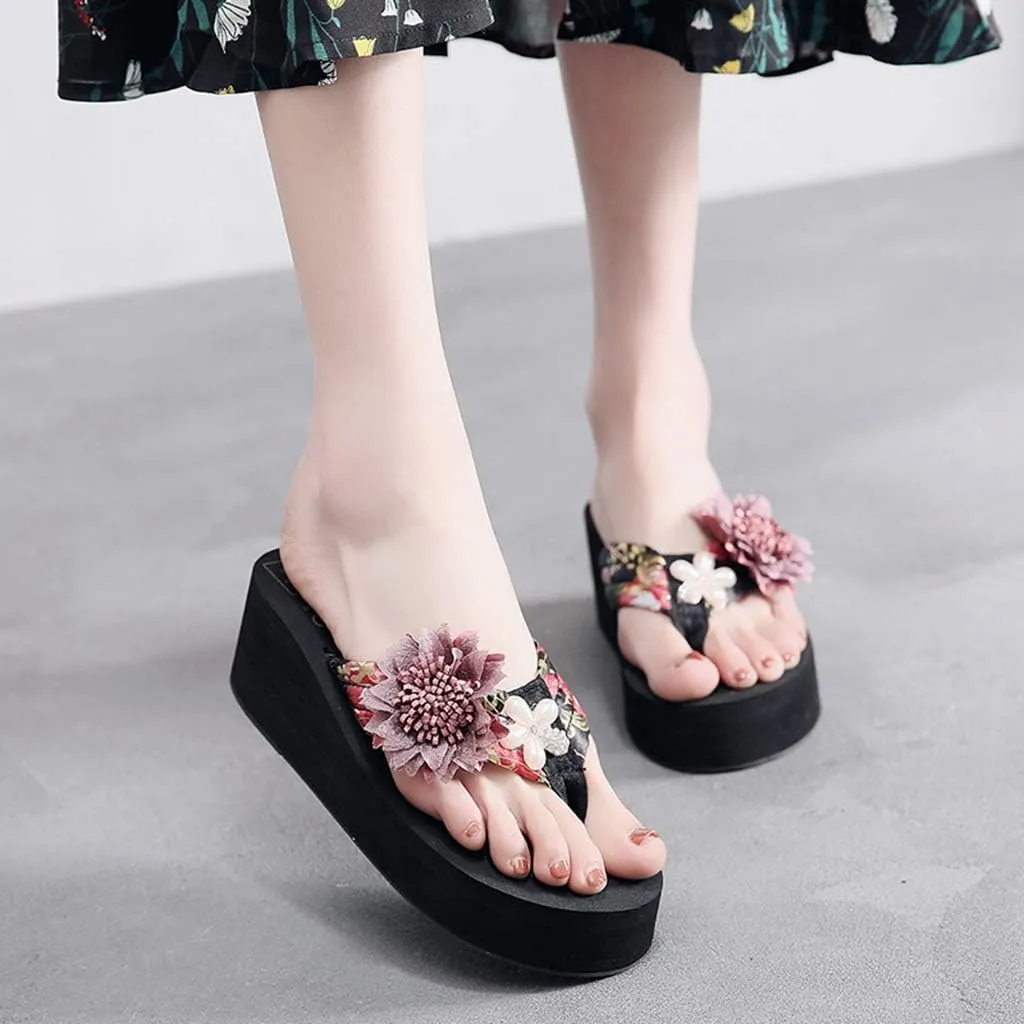 MIOKE Women's Flower Wedge High Heel Flipflops Summer Platform Comfort Anti-slip EVA Beach Thong Sandals