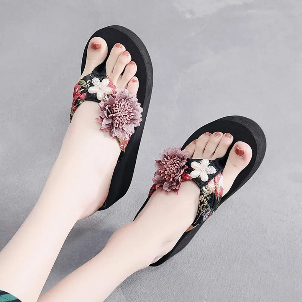MIOKE Women's Flower Wedge High Heel Flipflops Summer Platform Comfort Anti-slip EVA Beach Thong Sandals