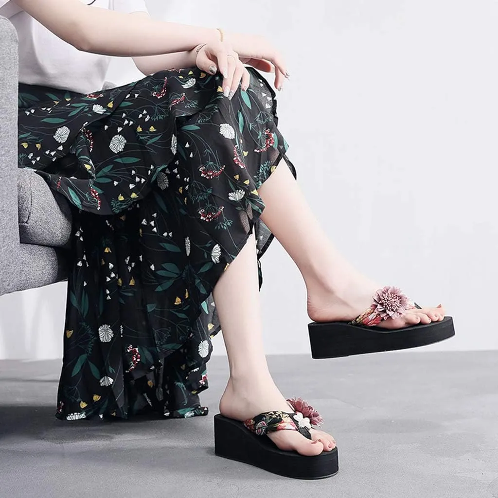 MIOKE Women's Flower Wedge High Heel Flipflops Summer Platform Comfort Anti-slip EVA Beach Thong Sandals