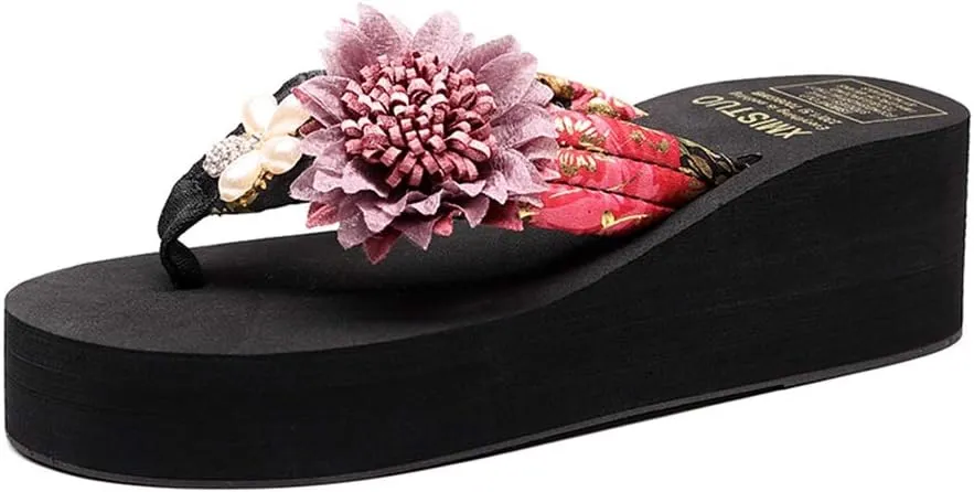 MIOKE Women's Flower Wedge High Heel Flipflops Summer Platform Comfort Anti-slip EVA Beach Thong Sandals