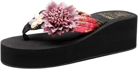 MIOKE Women's Flower Wedge High Heel Flipflops Summer Platform Comfort Anti-slip EVA Beach Thong Sandals