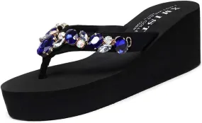 MIOKE Women's Sparkly Rhinestone Wedge Flipflops Summer High Heel Platform Anti-Slip Beach Thong Sandals