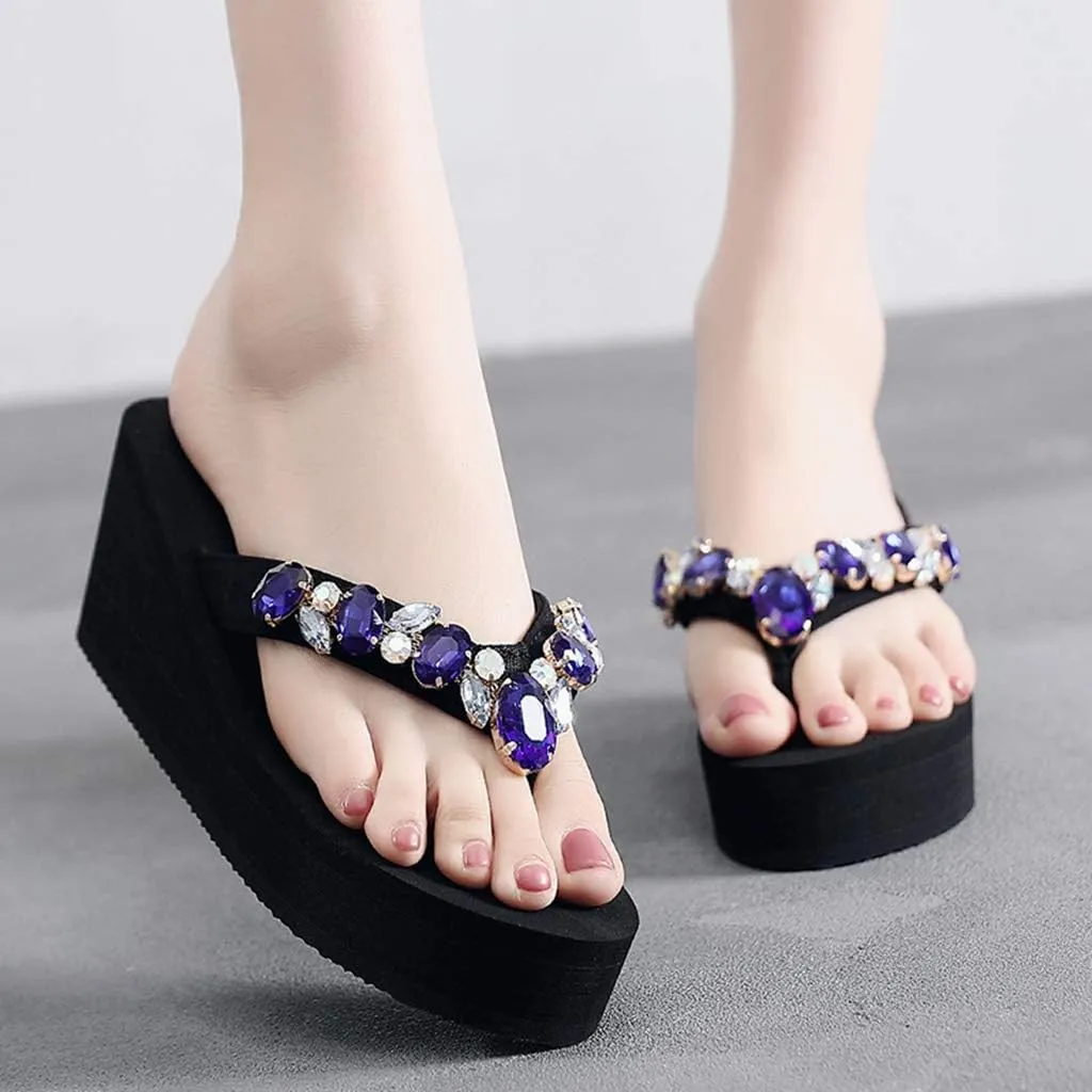 MIOKE Women's Sparkly Rhinestone Wedge Flipflops Summer High Heel Platform Anti-Slip Beach Thong Sandals