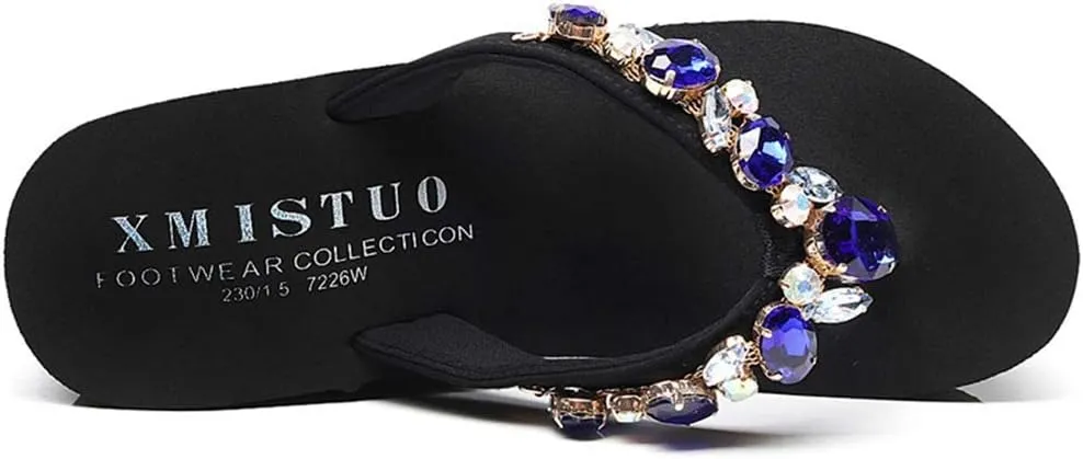 MIOKE Women's Sparkly Rhinestone Wedge Flipflops Summer High Heel Platform Anti-Slip Beach Thong Sandals