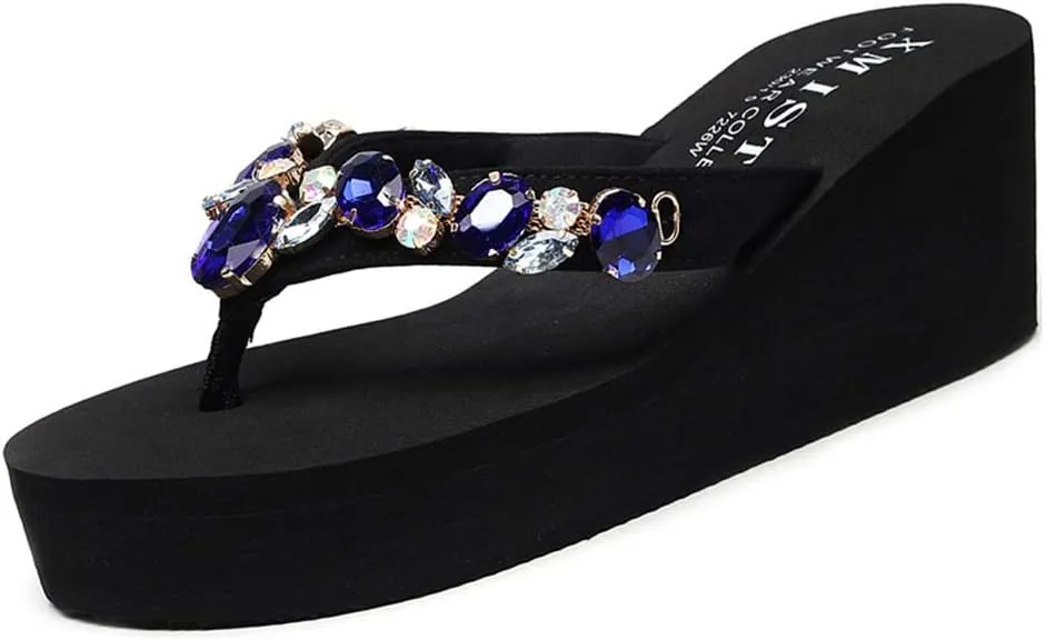 MIOKE Women's Sparkly Rhinestone Wedge Flipflops Summer High Heel Platform Anti-Slip Beach Thong Sandals