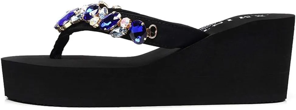 MIOKE Women's Sparkly Rhinestone Wedge Flipflops Summer High Heel Platform Anti-Slip Beach Thong Sandals