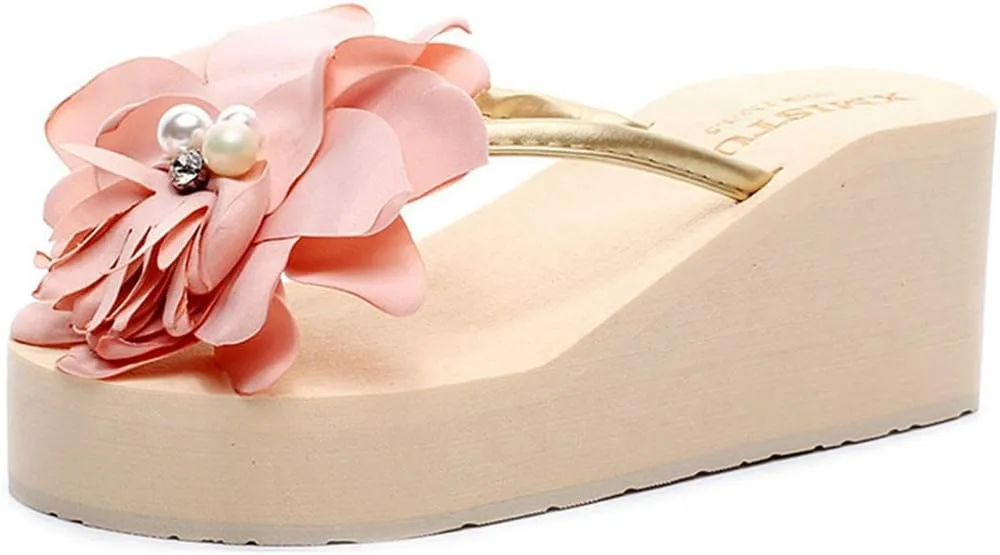 MISTU Women's Wedge High Heel Flipflop Sandals Bohemian Flowers Summer Platform Nonslip Beach Thong Sandal