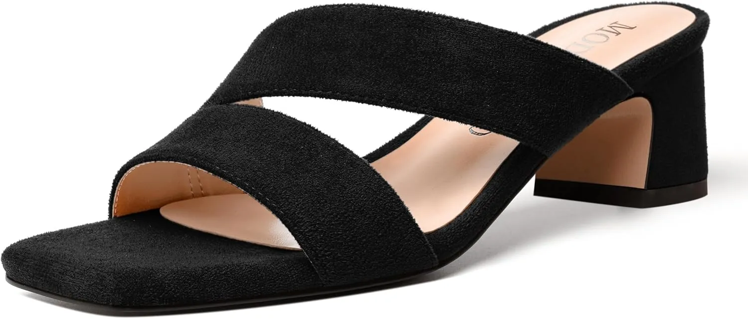 MODENCOCO Womens Dress Slip On Suede Bridal Open Toe Fashion Chunky Low Heel Heeled Sandals 2 Inch