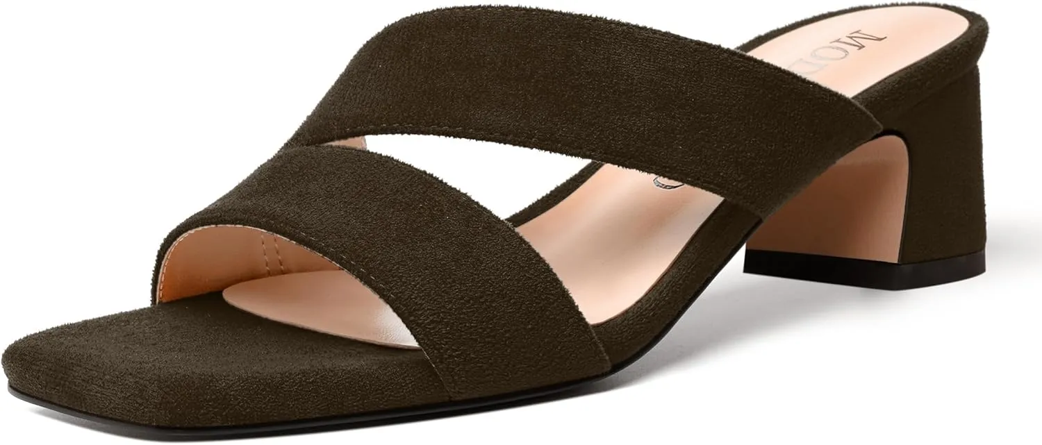 MODENCOCO Womens Dress Slip On Suede Bridal Open Toe Fashion Chunky Low Heel Heeled Sandals 2 Inch