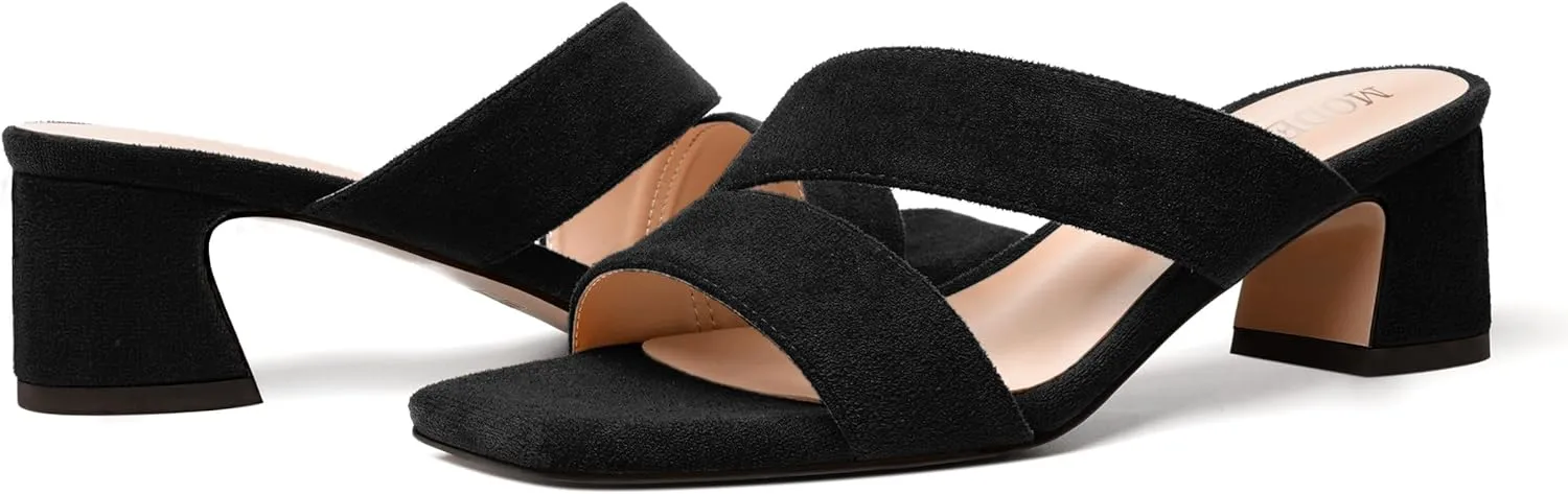 MODENCOCO Womens Dress Slip On Suede Bridal Open Toe Fashion Chunky Low Heel Heeled Sandals 2 Inch