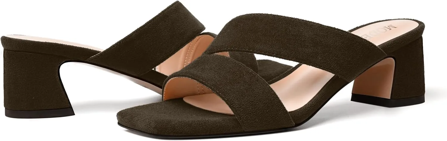 MODENCOCO Womens Dress Slip On Suede Bridal Open Toe Fashion Chunky Low Heel Heeled Sandals 2 Inch