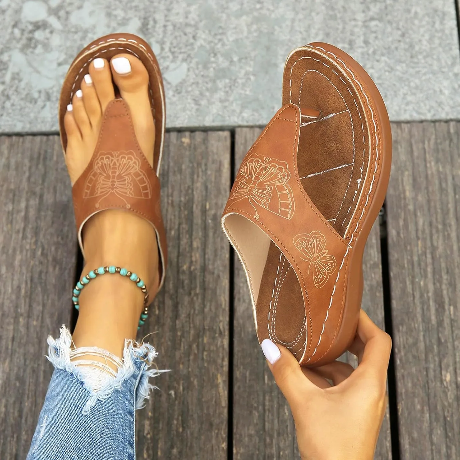 Orthopedic Sandals for Women Wide Width Comfort Orthotic Flip Flops with Arch Support Wedge Sandals Womens Walking Thong Sandals Fashion Slip on Beach Sandals Platform Sandals Dressy Summer