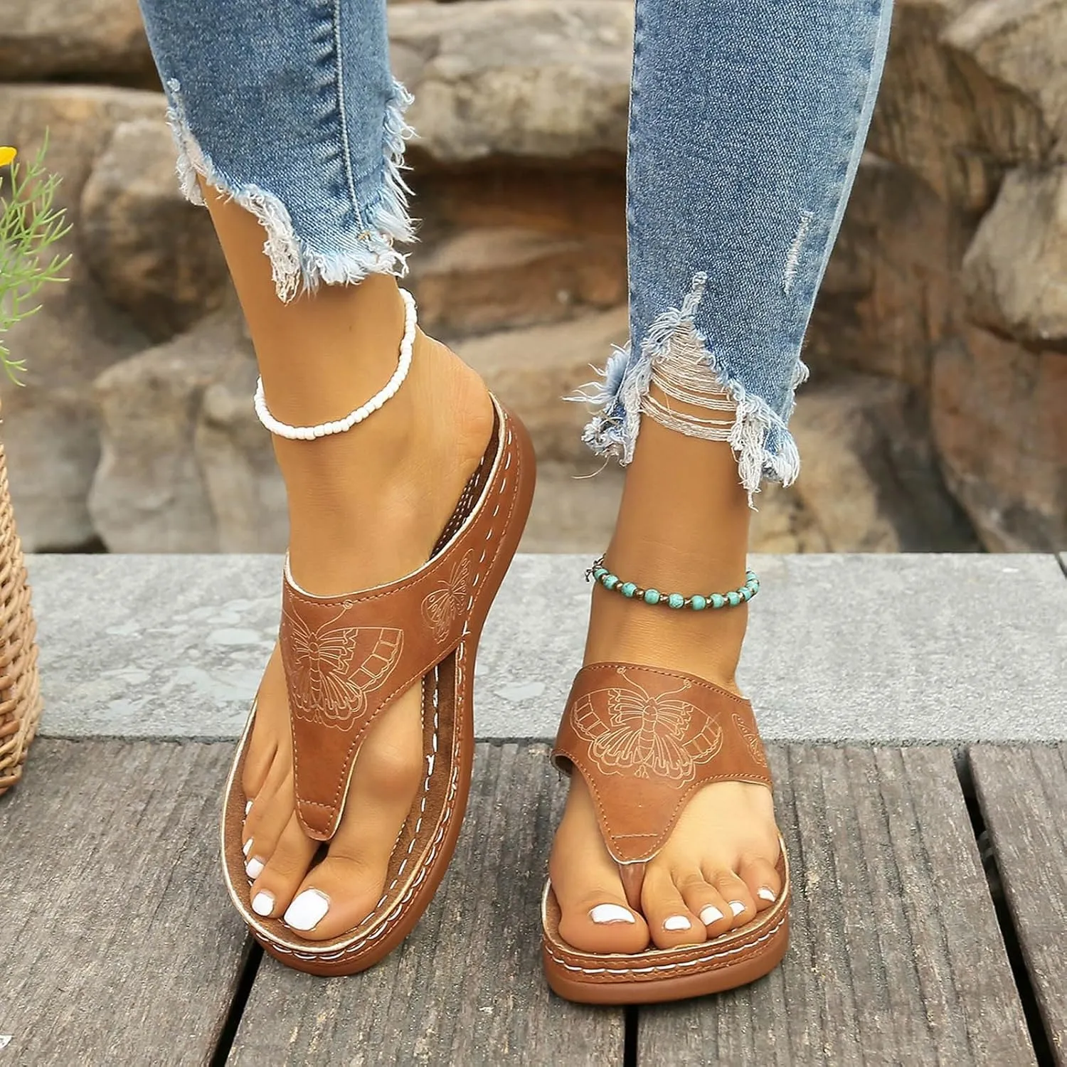 Orthopedic Sandals for Women Wide Width Comfort Orthotic Flip Flops with Arch Support Wedge Sandals Womens Walking Thong Sandals Fashion Slip on Beach Sandals Platform Sandals Dressy Summer