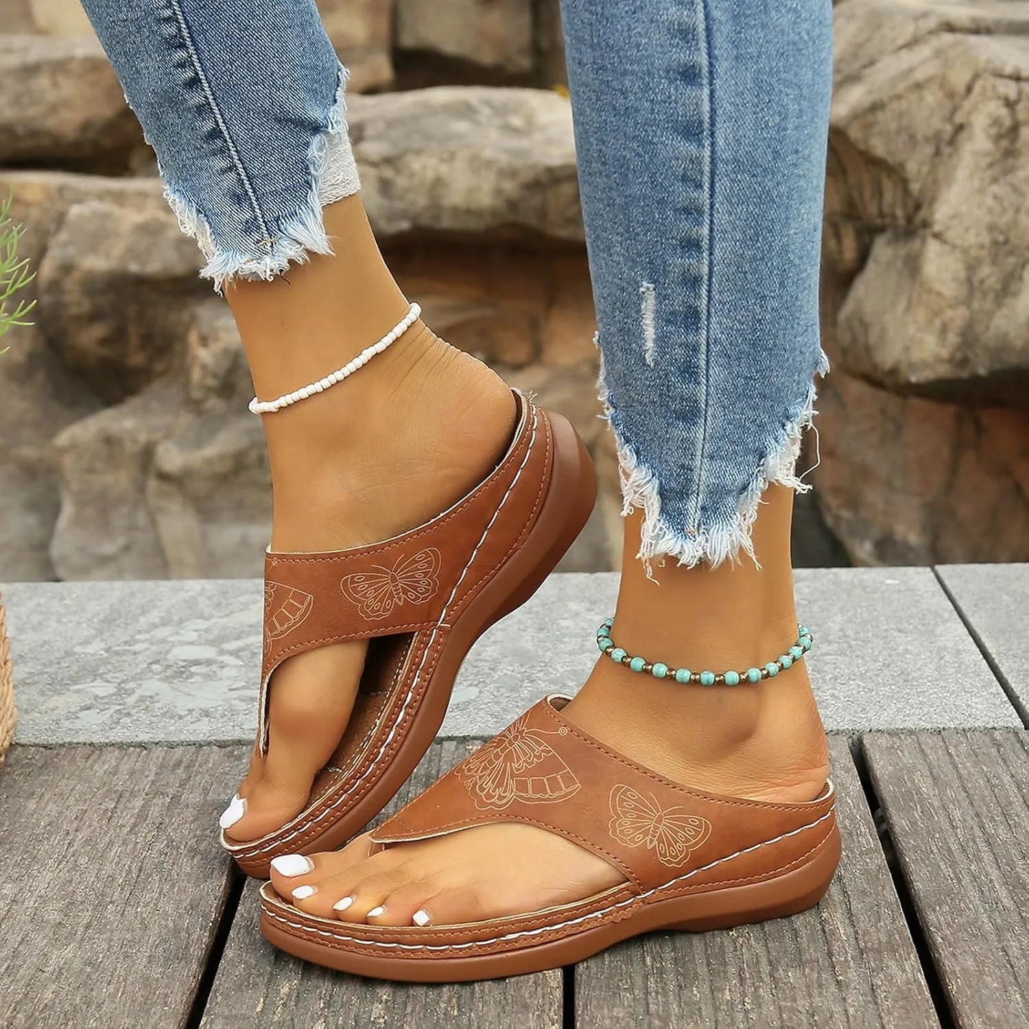 Orthopedic Sandals for Women Wide Width Comfort Orthotic Flip Flops with Arch Support Wedge Sandals Womens Walking Thong Sandals Fashion Slip on Beach Sandals Platform Sandals Dressy Summer