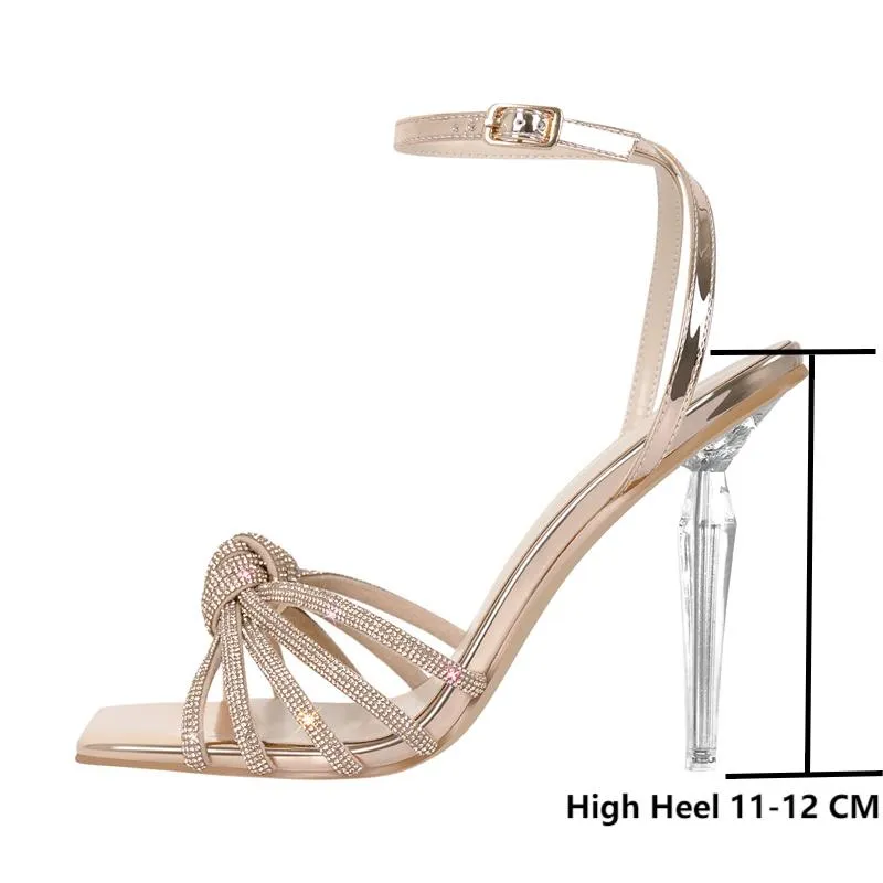 Peep Toe Rhinestone Strappy Buckle Metal Heels Sandals