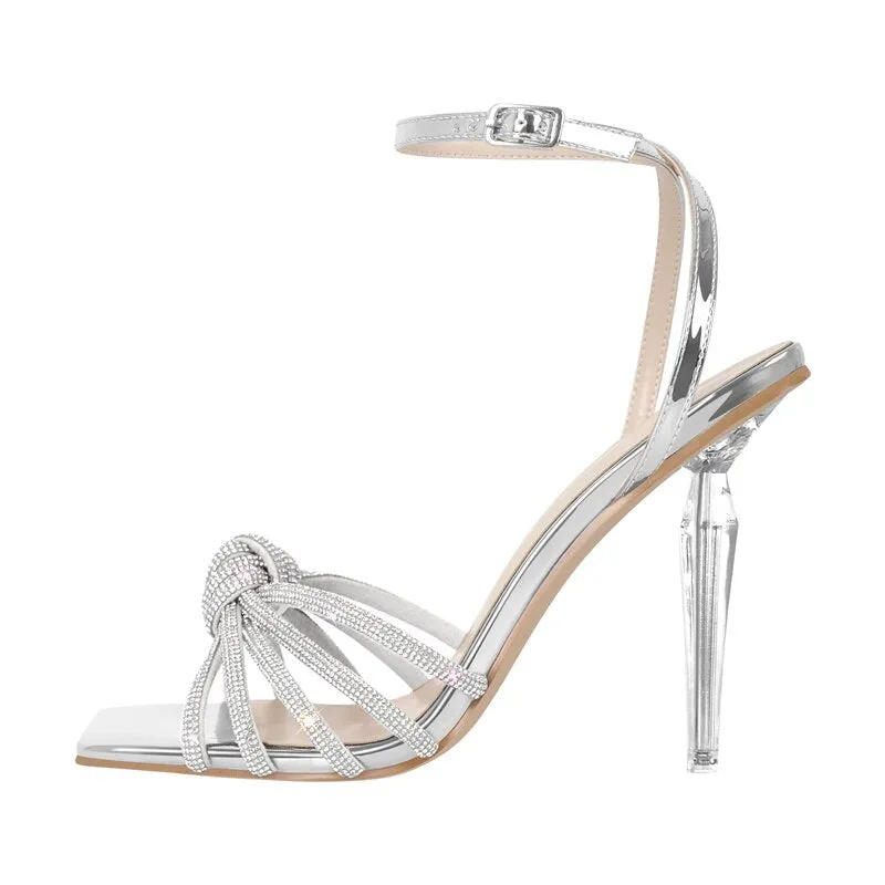 Peep Toe Rhinestone Strappy Buckle Metal Heels Sandals