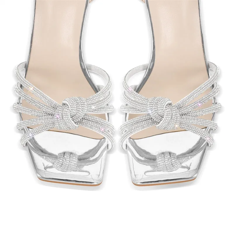 Peep Toe Rhinestone Strappy Buckle Metal Heels Sandals