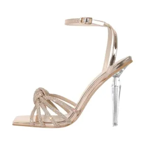 Peep Toe Rhinestone Strappy Buckle Metal Heels Sandals