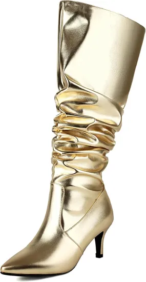 Roimaash Elegant Dressy Slouch Boots Kitten Heels Pull on Thigh High and Knee High Boots