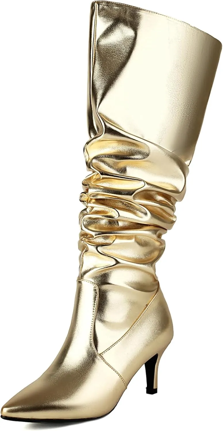 Roimaash Elegant Dressy Slouch Boots Kitten Heels Pull on Thigh High and Knee High Boots