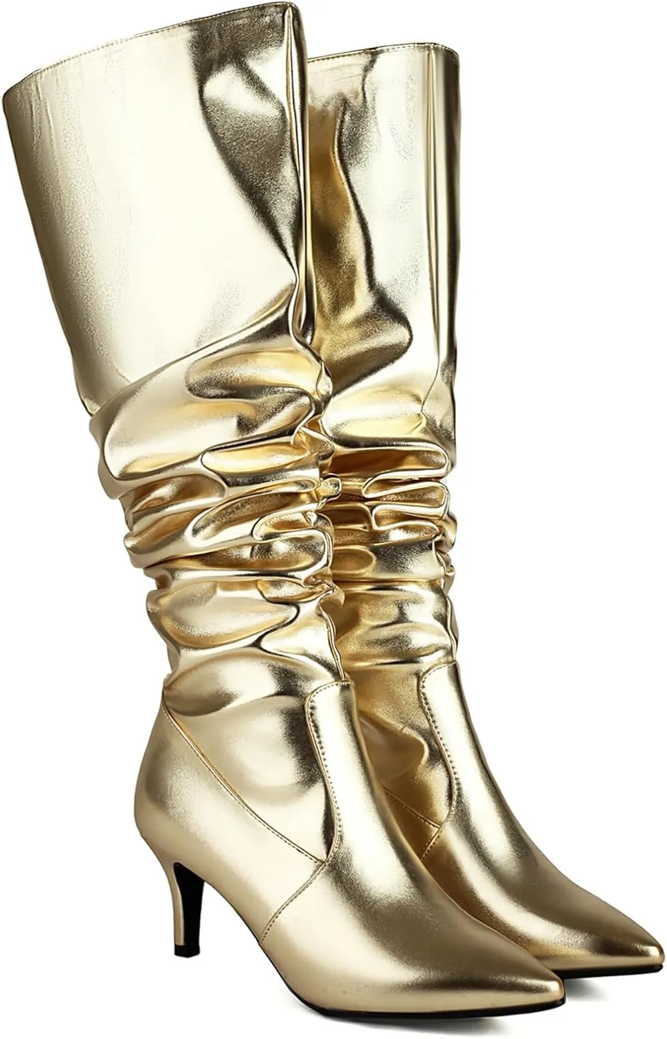 Roimaash Elegant Dressy Slouch Boots Kitten Heels Pull on Thigh High and Knee High Boots