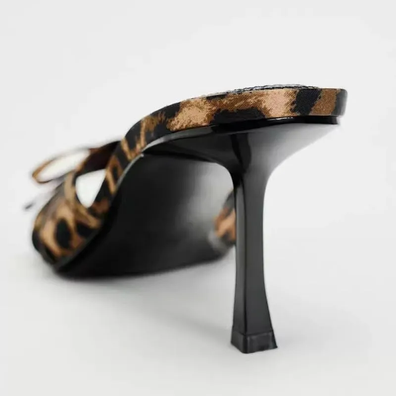 SACFOF Women's Leopard Stiletto Heels Sandals with Bow Open Toe Stiletto High Heels Party Dress Backless Slide Sandals