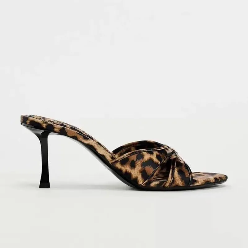 SACFOF Women's Leopard Stiletto Heels Sandals with Bow Open Toe Stiletto High Heels Party Dress Backless Slide Sandals