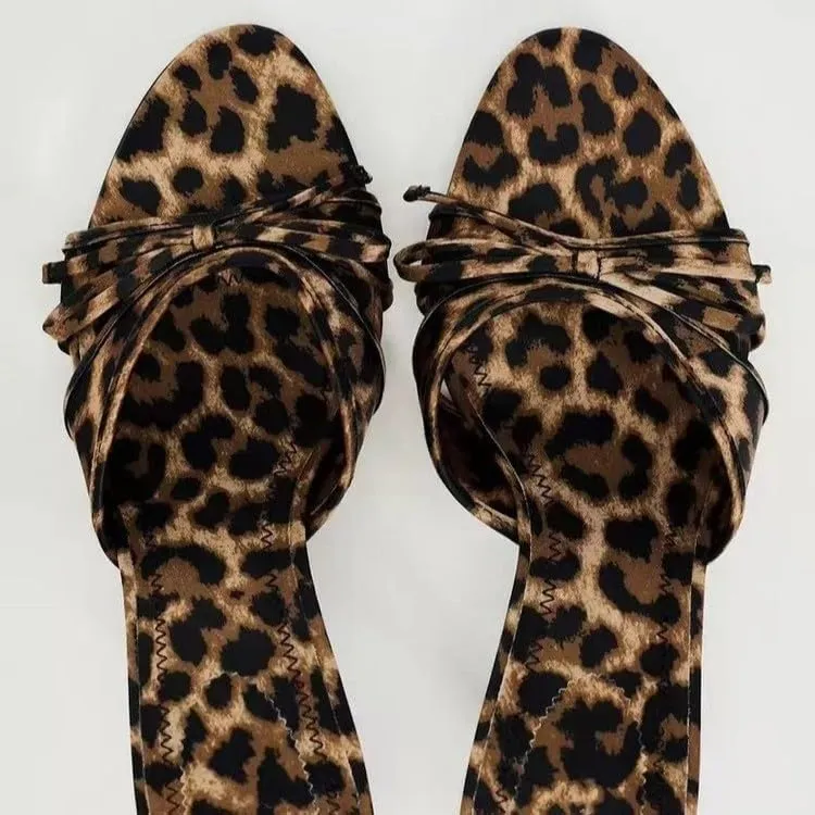 SACFOF Women's Leopard Stiletto Heels Sandals with Bow Open Toe Stiletto High Heels Party Dress Backless Slide Sandals