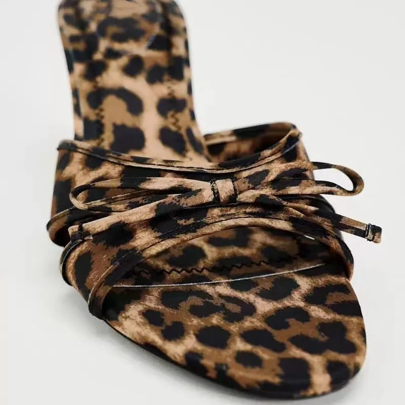 SACFOF Women's Leopard Stiletto Heels Sandals with Bow Open Toe Stiletto High Heels Party Dress Backless Slide Sandals