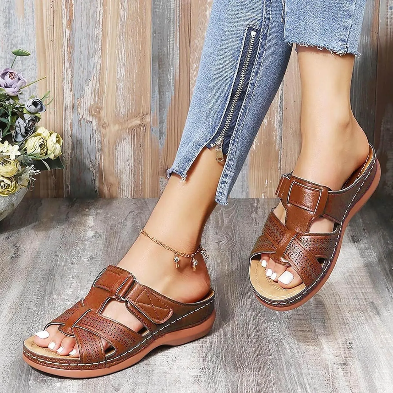 Sandals Women Platform Wedge Breathable Openwork Slip On Wide Width Striped Summer Casual Shoes